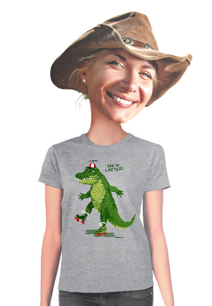roller skating alligator womens t-shirt