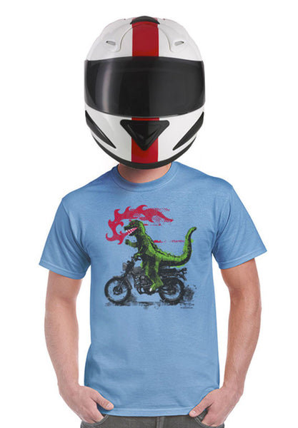 fire breathing motorcycle riding godzilla unisex t-shirt