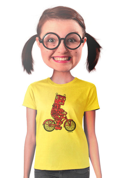 red robot bicycle womens t-shirt